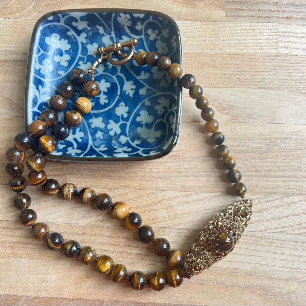Vintage Tiger's Eye Bead Necklace with Gold Filigree